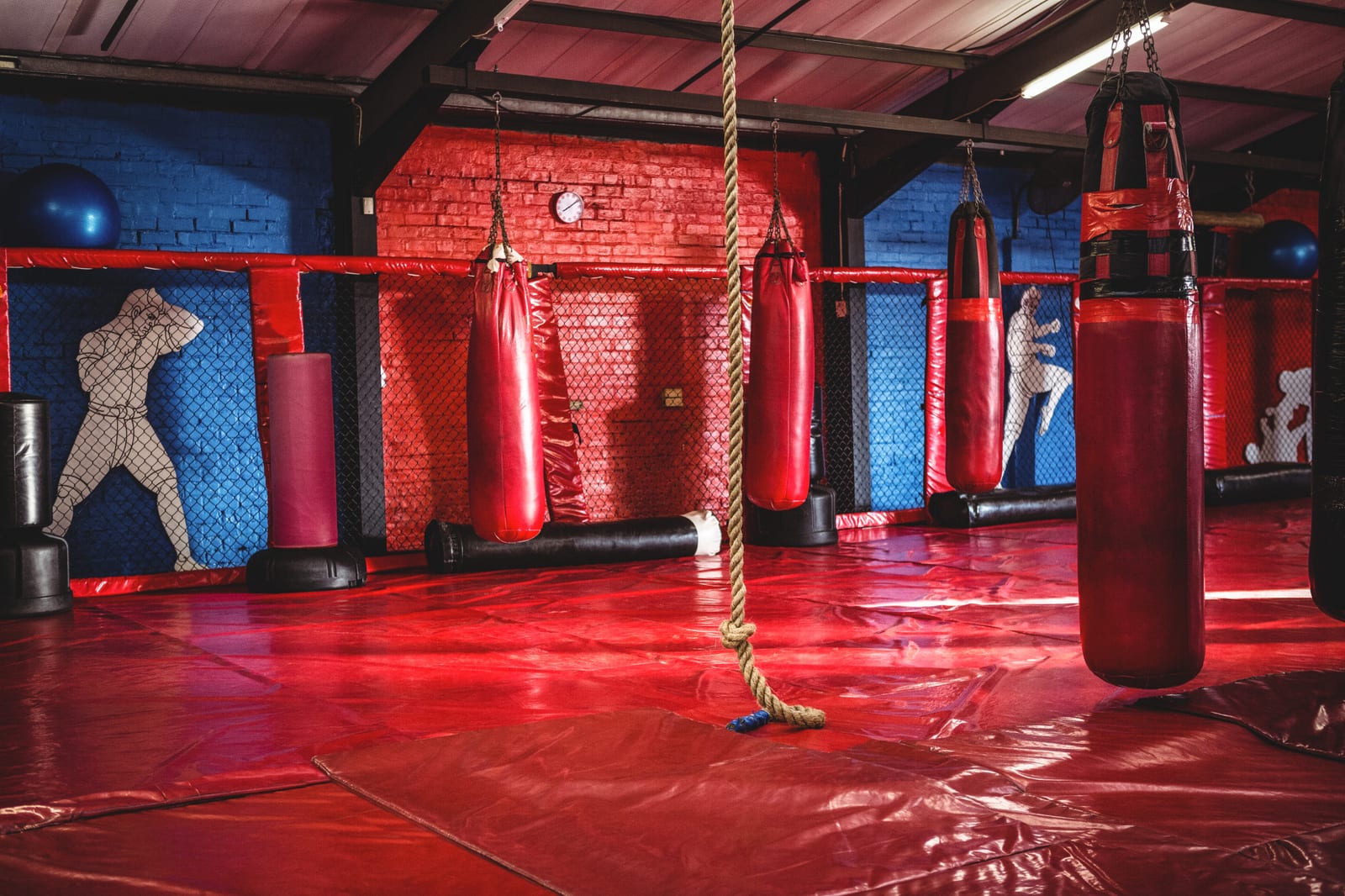 An empty martial arts gym lined with red heavy bags and a climbing rope